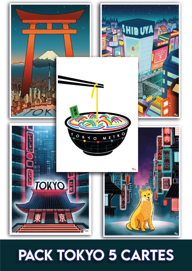 Set de 5 Cartes Postales, pack Tokyo