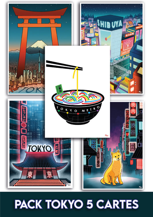 Set de 5 Cartes Postales, pack Tokyo